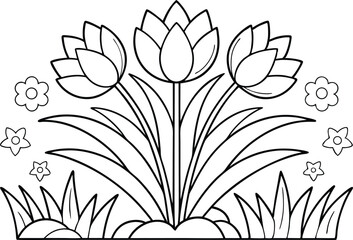 Floral Outlines Three Stylized Tulips with Grass and Flowers in Black and White