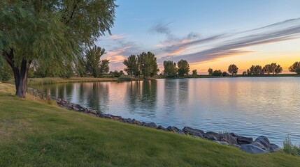 Fototapeta premium Serene sunset reflecting on a calm lake bordered by lush green grass and a weeping willow creating a picturesque evening landscape Soft pastel sky hues and gentle water