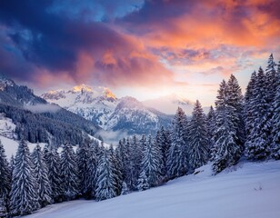 Fantastic evening winter landscape. Colorful overcast sky. Austria, Europe. Beauty world. 