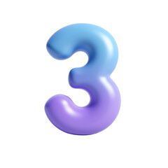 Fototapeta premium Glossy Number 3 PNG. Blue Purple Gradient. Transparent Background.