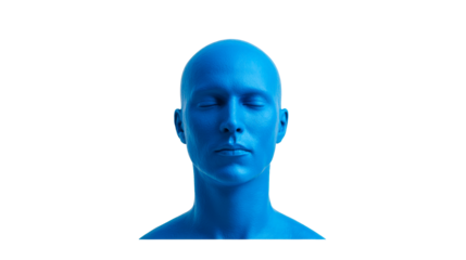 Blue figure with closed eyes on a black background, cut out transparent