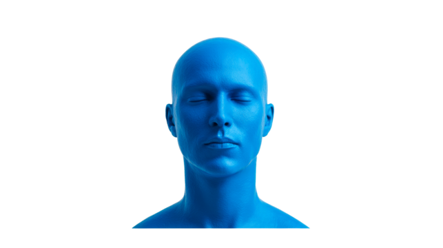 Blue figure with closed eyes on a black background, cut out transparent