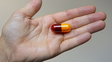 close up of hand holding red and orange capsule pill, symbolizing healthcare and medication