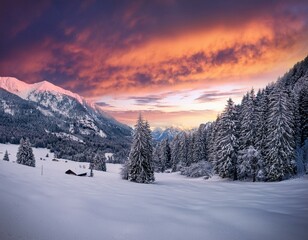 Fantastic evening winter landscape. Colorful overcast sky. Austria, Europe. Beauty world. 