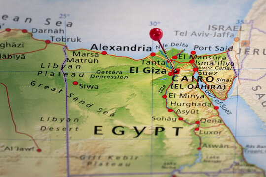 Colorful tourist location map with red stick pin at Cairo, Egypt and the surrounding area