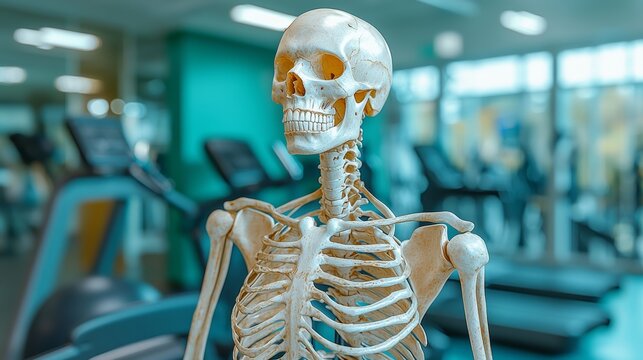 Skeleton model with gym equipment, concept of health, strength, anatomical - Powered by Adobe