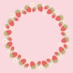 Round frame with strawberries and flowers. 