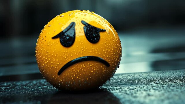 Sad emoji ball resting on wet pavement during rainy weather