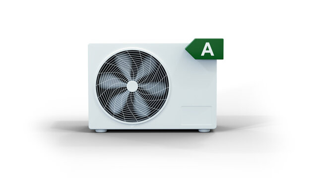 Une pompe &agrave; chaleur air / air avec le pictogramme d'efficience &eacute;nerg&eacute;tique A - fond transparent - rendu 3D