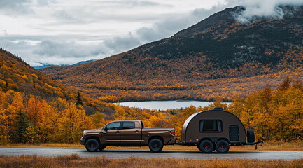 Powerful pickup truck pulling an RV on a picturesque road surrounded by mountains and sky. Adventure, travel, freedom, and road trip concept for outdoor living enthusiasts and explorers.

