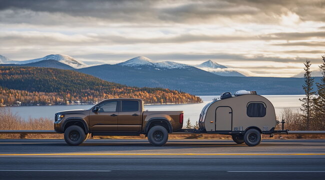 Powerful pickup truck pulling an RV on a picturesque road surrounded by mountains and sky. Adventure, travel, freedom, and road trip concept for outdoor living enthusiasts and explorers.

