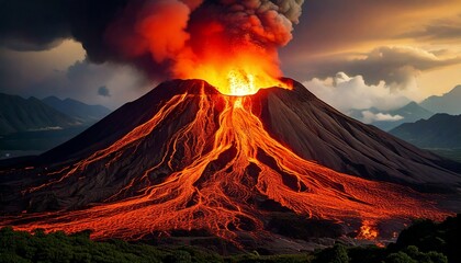 An image of a volcano erupting with lava flowing down the side of the cone. 