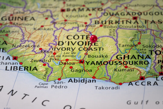 Colorful tourist location map with red stick pin at Yamoussoukro, Ivory Coast and the surrounding area