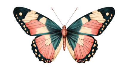 Colorful vintage butterfly illustration, insect with open wings, cut out transparent