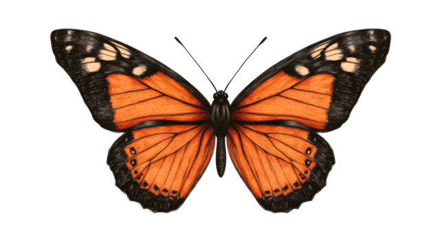 Monarch butterfly with black wings and orange body, cut out transparent