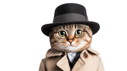 Detective cat in hat and coat looking at camera, cut out transparent