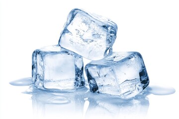 Three Ice Cubes Stacked Melting on White Surface for Cold Refreshment