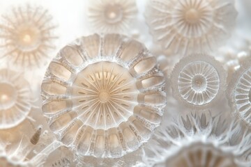 Delicate, translucent coral polyps create a radial pattern, bathed in soft, ethereal light and with intricate, organic forms.