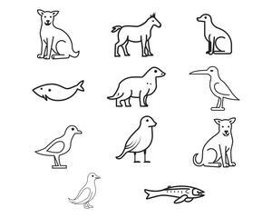 Collection of minimalist line art animals dogs, cats, horses, and birds icons.