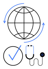 Globe with arrows symbolizing global reach, checkmark for quality validation, and stethoscope for healthcare. Ideal for healthcare, global outreach, assurance, diagnostics, prevention, medical