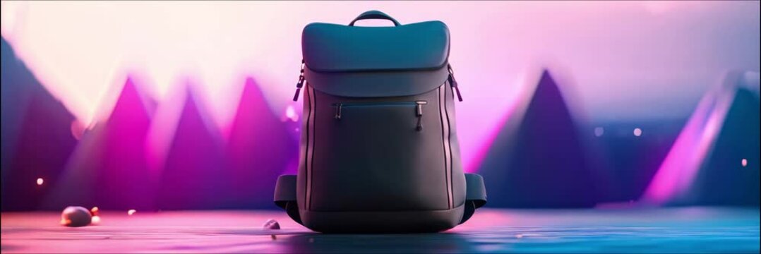 Stylish dark-toned backpack against a vibrant purple and pink backdrop.