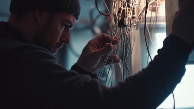 A construction worker working on electrical wiring at a job site. Featuring technical expertise and focus