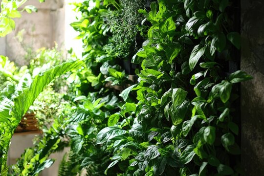 A lush, vertical garden displaying a vibrant array of green plants, showcasing a natural and flourishing indoor environment with diverse foliage.