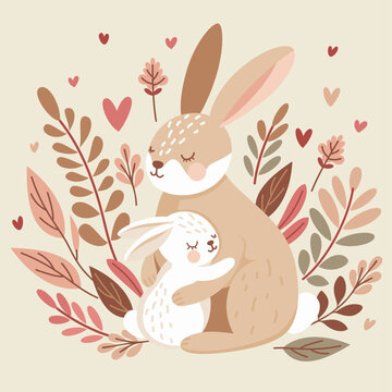Little rabbit hugs his mother. Sweet illustration for Mother's Day. 
Cute hand drawn vector illustration in a flat style.