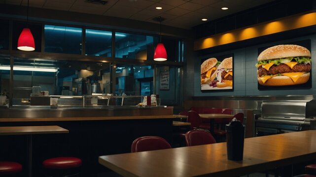 Nostalgic Diner Scene with Red Accents and Burger Advertisements