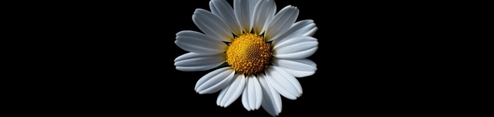 White Daisy Flower Close-up with Detailed Petals on Deep Black Backdrop