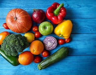 Flat lay of fresh fruits and vegetables for background, Different fruits and vegetables for