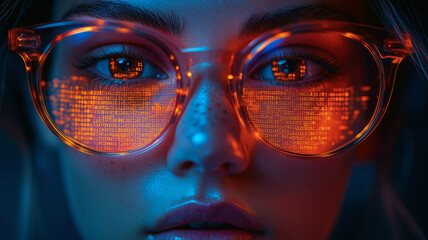 High-tech woman with artificial intelligence and digital data overlays. Ideal for themes of innovation, cybersecurity, futuristic interfaces, and advanced technology.