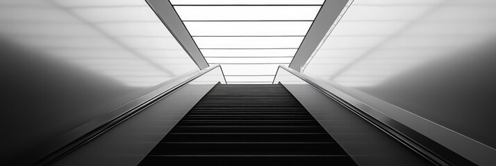 Obraz premium Ascending Escalator Perspective, Minimalist Grayscale Architectural Abstraction