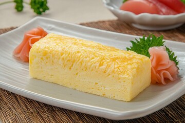 A delicious serving of Japanese tamago sushi on a plate, garnished with pickled ginger and fresh herbs, showcasing its fluffy texture.