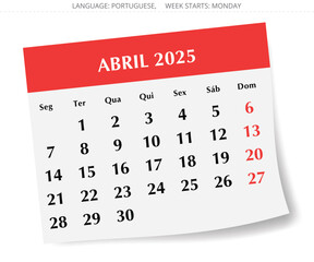 April PORTUGUESE monthly calendar for 2025 year. Vector illustration with stylish paper design Portugal