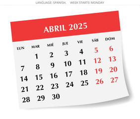 2025 Spanish april calendar - month Enero. Vector illustrations Spain