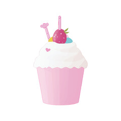 Pink cupcake with strawberry and whipped cream topping, two pink straws