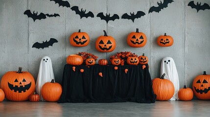 Halloween decor display with pumpkins and ghosts indoor setting festive atmosphere creative viewpoint