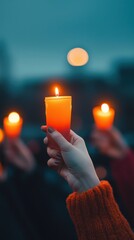 Hand Holding Orange Candle with Soft Glow Against Dark Background