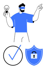 Person wearing virtual reality headset holding an idea lightbulb, gesturing forward, alongside secure shield and checkmark symbols. Ideal for technology, innovation, security, virtual reality
