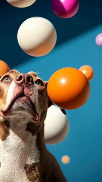 Curious dog staring at floating balls in colorful studio setting, 4k vertical video