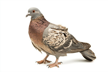 Fototapeta premium grey pigeon standing upright on white background, showcasing its detailed feathers and vibrant colors. This bird exudes calm and curious demeanor, making it captivating subject