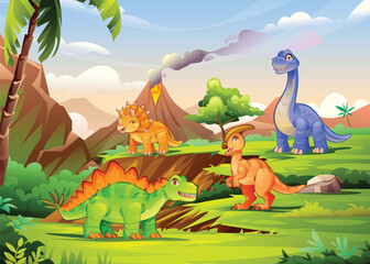 Dinosaurs gathering on lush hills with erupting volcano and tropical trees around. Vector cartoon illustration © YG Studio