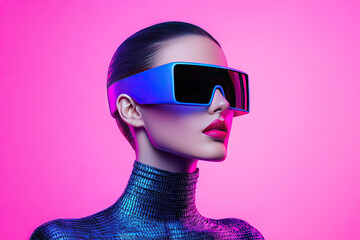 A futuristic woman, bold and stylish, in vibrant neon pink light, wearing oversized blue glasses, a shimmering metallic top.
