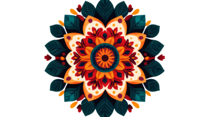 Floral mandala illustration with intricate details and colors, cut out transparent