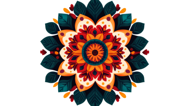 Floral mandala illustration with intricate details and colors, cut out transparent