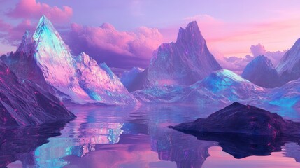 Beautiful pink and blue mountains are reflected on calm water
