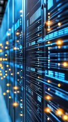 Dynamic Tech Blue Abstract Background with Data Streams and Circuit Elements. Futuristic Design for Digital Marketing. Creative Pattern Expressing Flow of Information and Technology.