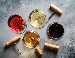 Flat-lay of red, rose and white wine in glasses and corkscrews over grey concrete background.