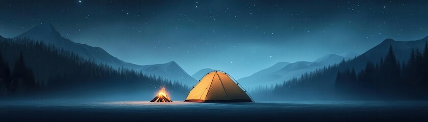A serene camping scene under a starry sky, featuring two tents amidst a tranquil forest landscape.